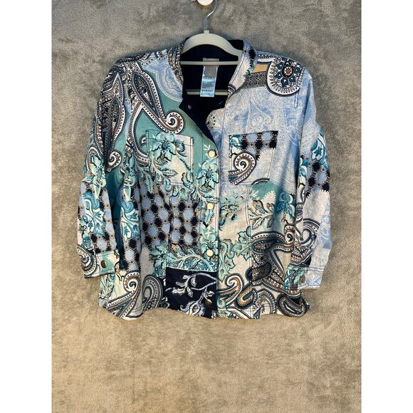 Chico's Linen Jacket Medium Plus Paisley Snap Button Country Club Preppy - Picture 1 of 6